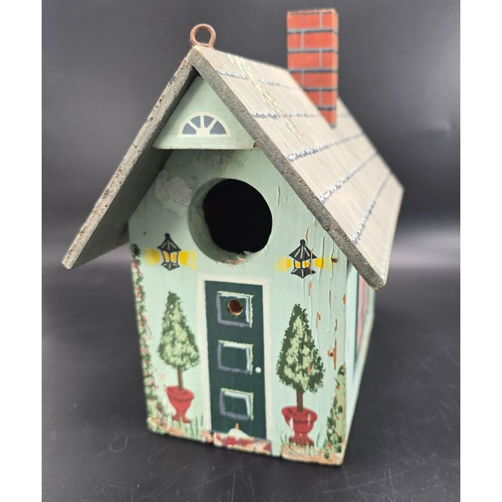 Vintage Birdhouse Green Hand-Painted Wooden Cottage Chimney Windows CM2034